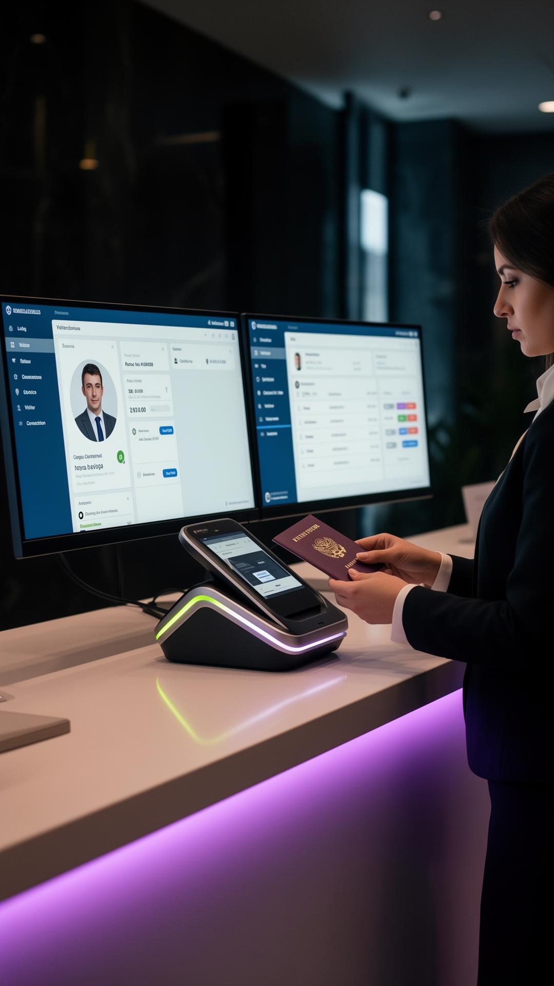 VisiPass reception with OCR ID scanner and dashboard