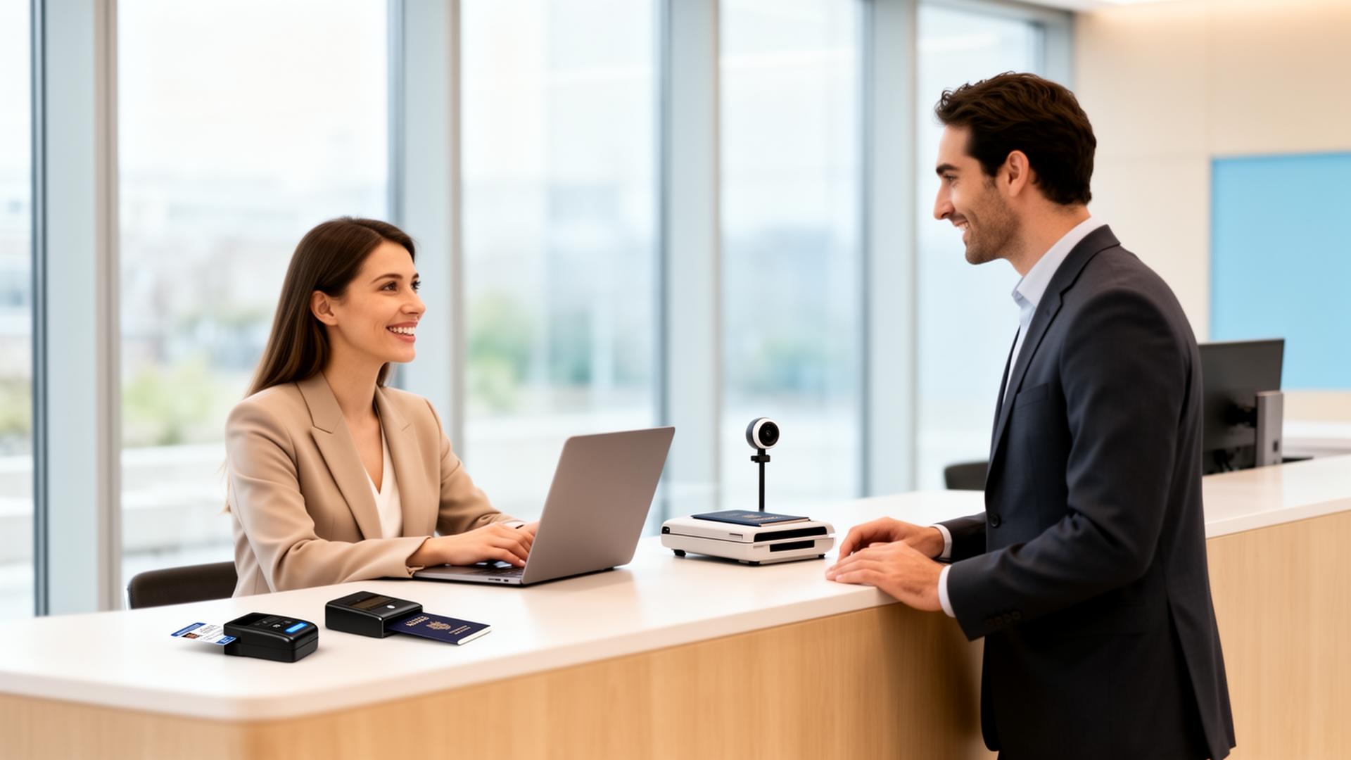 VisiPass reception with OCR ID scanner and dashboard
